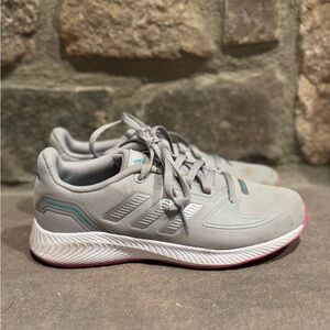 Girls Gray Adidas Sneakers with Pink and Teal Accents
